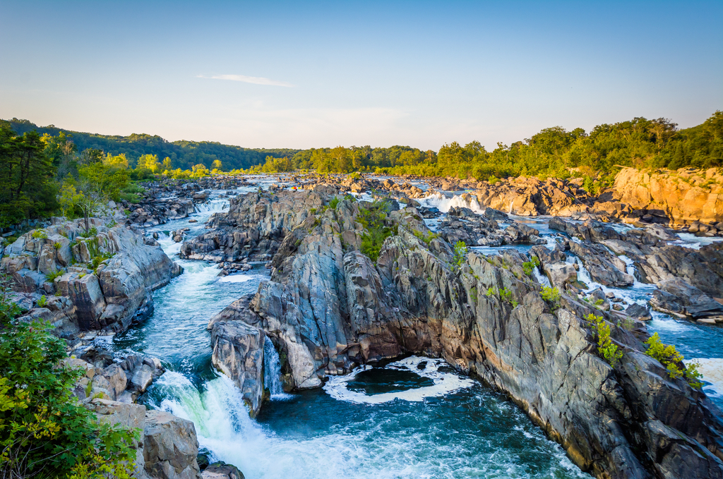 View of rapids in the Potomac River at sunset, at Great Falls Park, Virginia